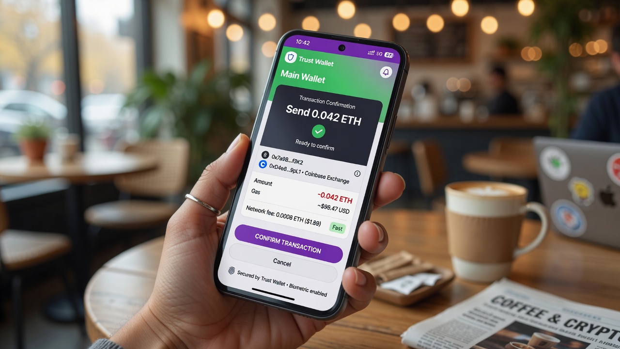 A hand holding a smartphone with the Trust Wallet app showing a transaction confirmation screen in a casual setting.