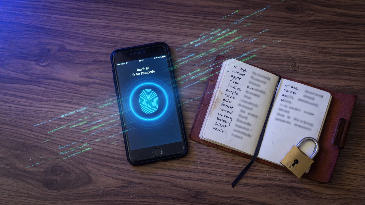 A smartphone displaying a biometric fingerprint lock alongside a notebook with a recovery phrase and a padlock, symbolizing mobile crypto wallet security.
