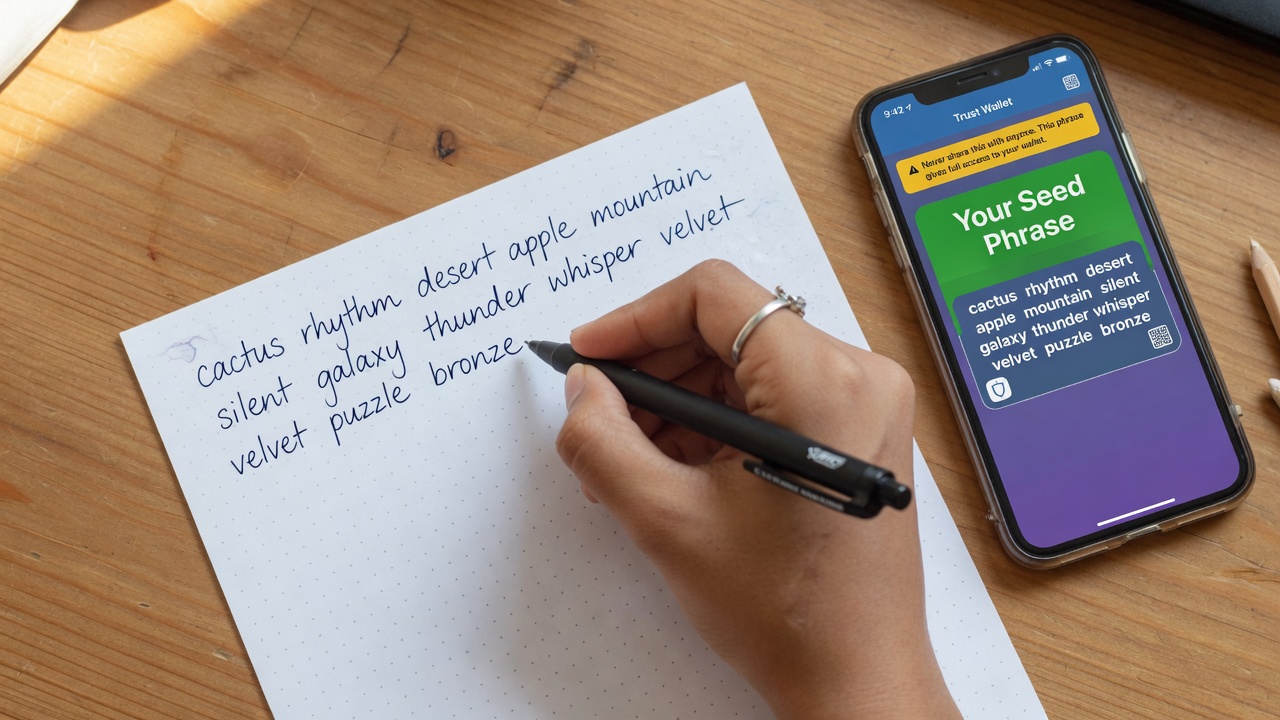 A hand writing a seed phrase from a Trust Wallet app on a smartphone.